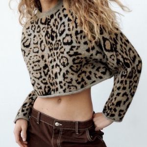 Zara Animal Print Alpaca Blend Oversized Cropped Sweater Size M
